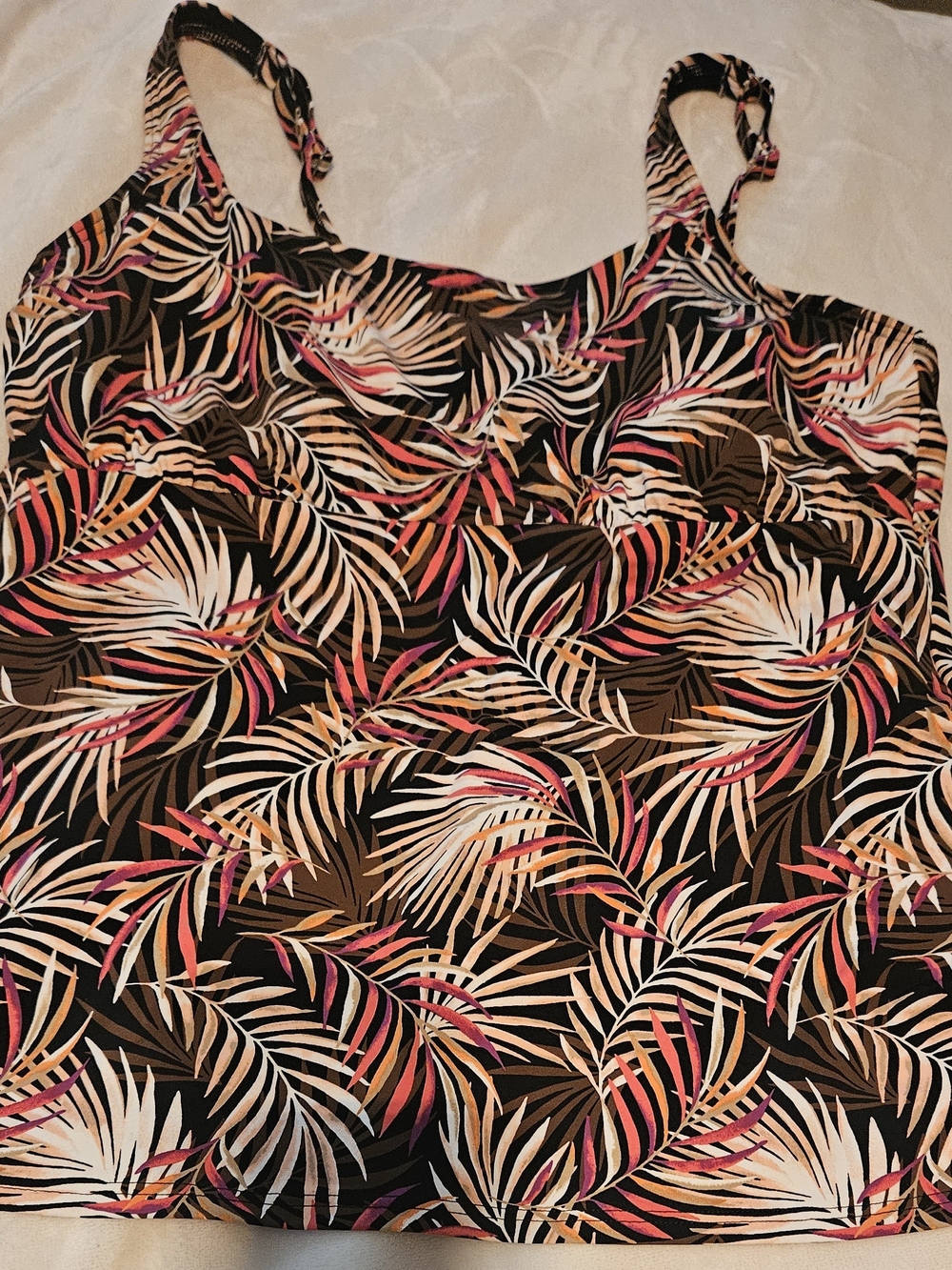 Tropical Palm Print Tankini Swim Top - Black/Pink/Brown 16 Lands End